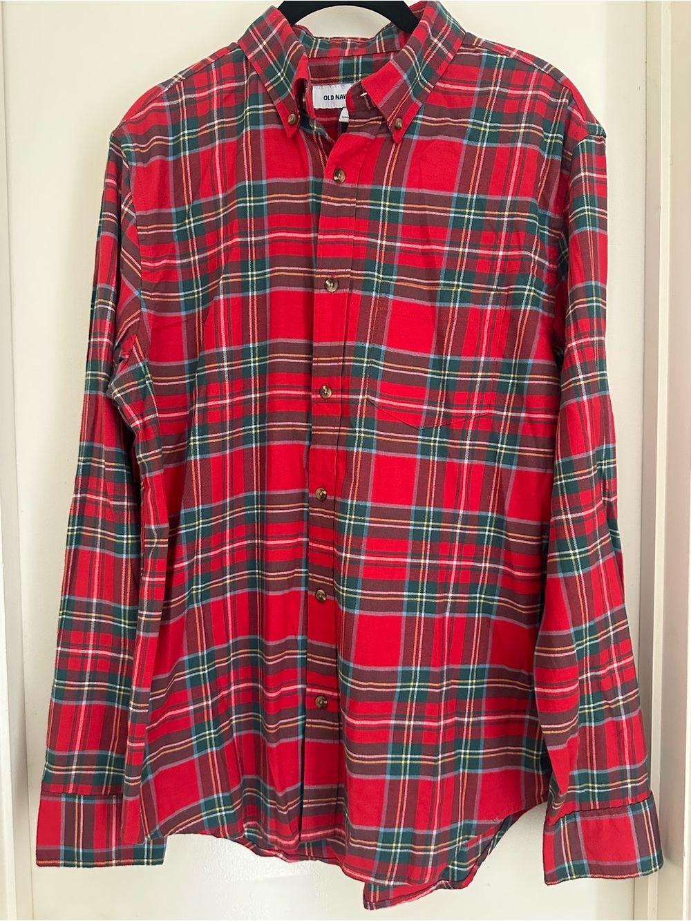 Old Navy Red Plaid Button-Down Shirt with Green and Yellow Accents